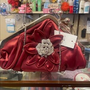 Chic Red Satin Clutch with Floral Embellishment